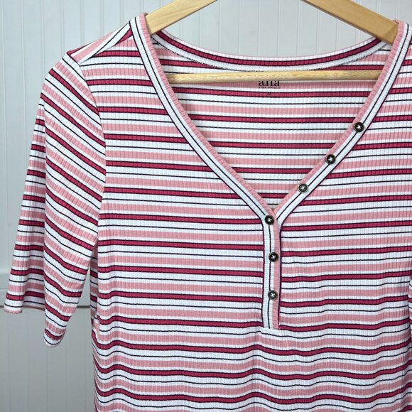 A.N.A. Women's Pink Red Striped Ribbed V-Neck Henley Blouse Top Size Medium - Picture 1 of 8